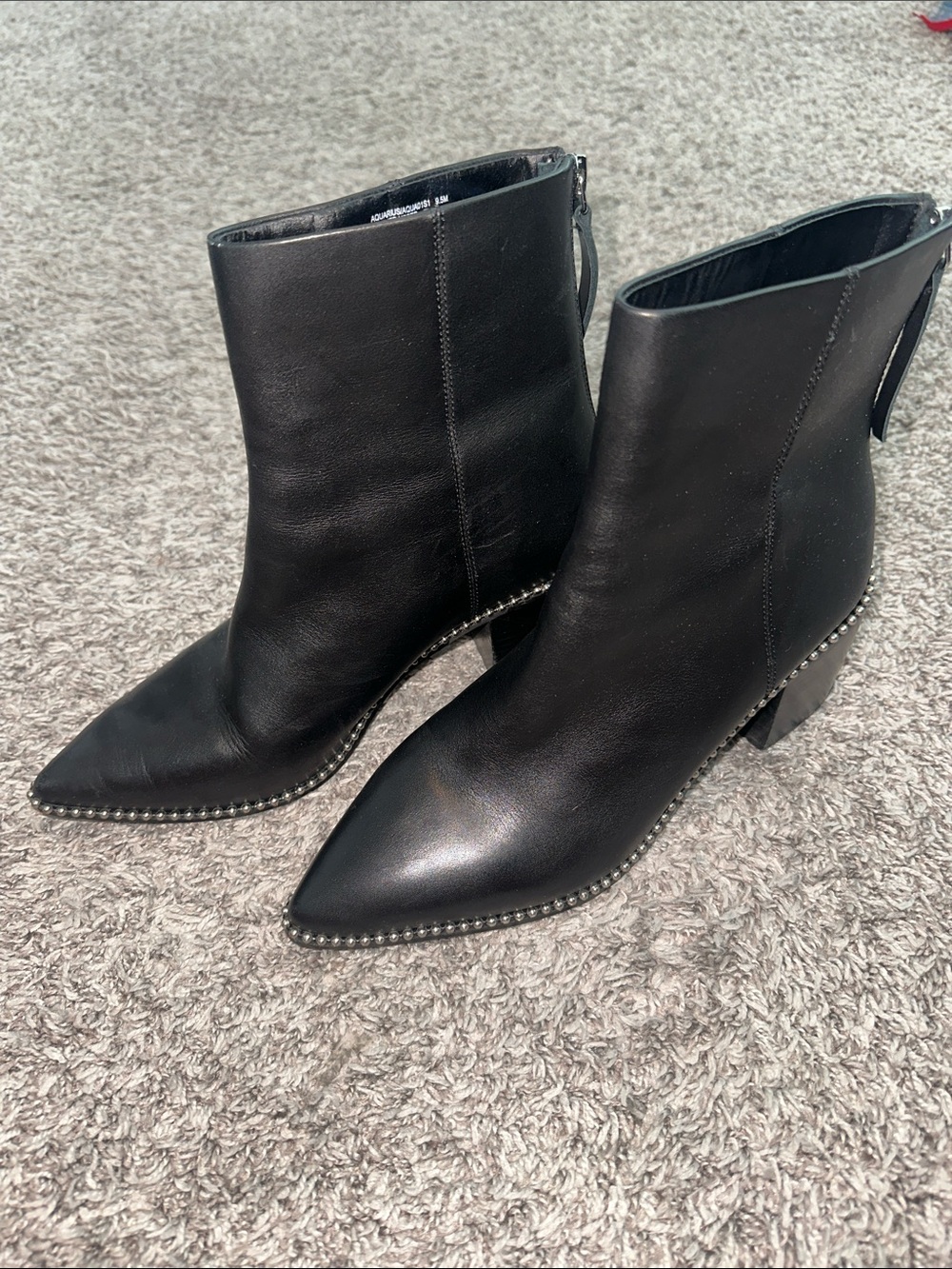 Steve Madden Black Pointed Leather Ankle Boots with Silver Stud Trim